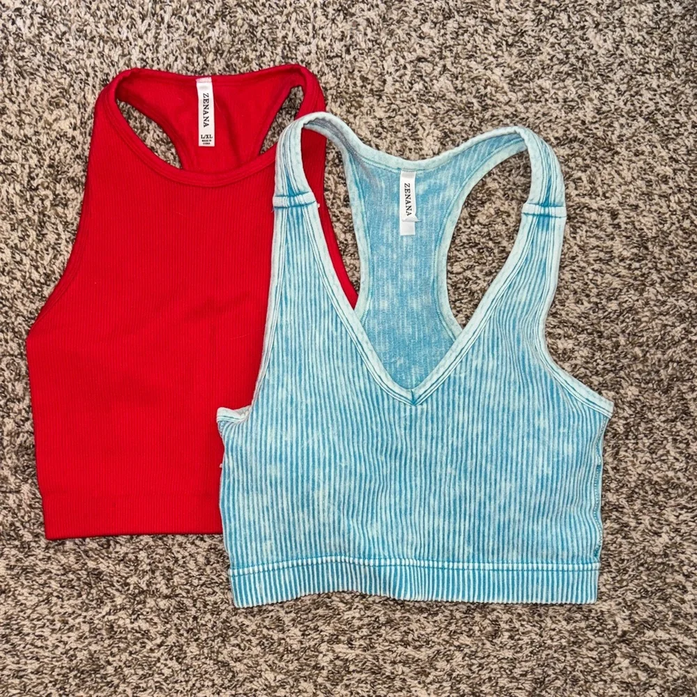 Zenana Outfitters Red and Blue Ribbed Crop Tops - Picture 1 of 5